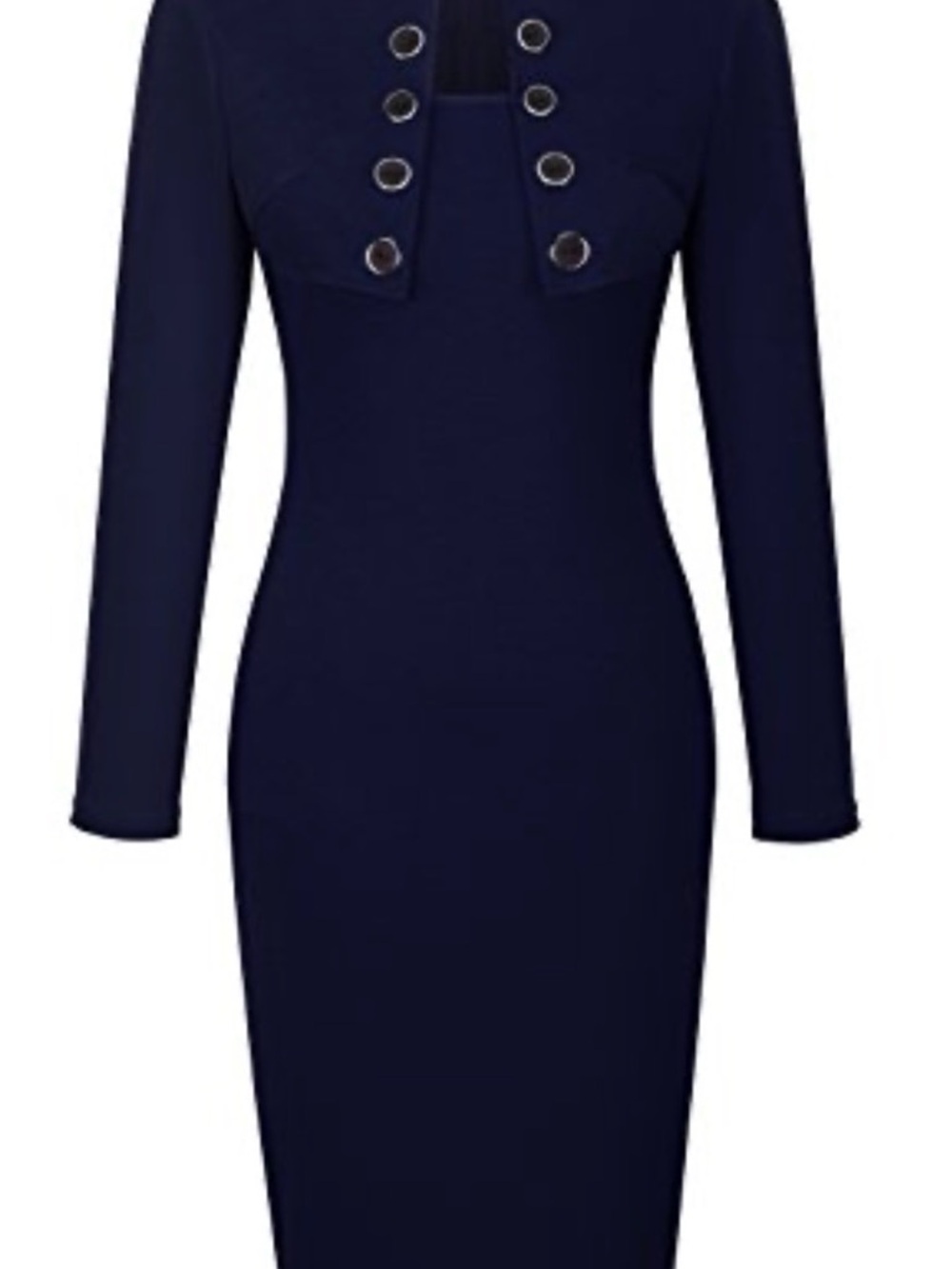 Navy Long-Sleeve Button-Detail Sheath Dress